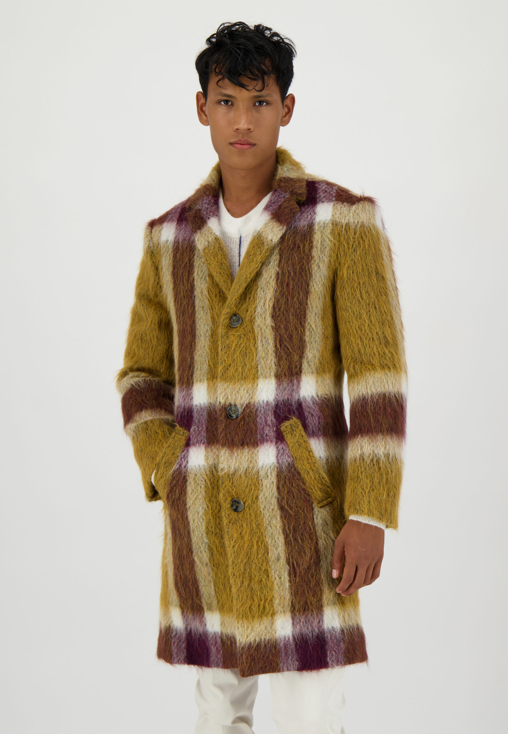 Manteau à carreaux aspect laine brossée à carreaux