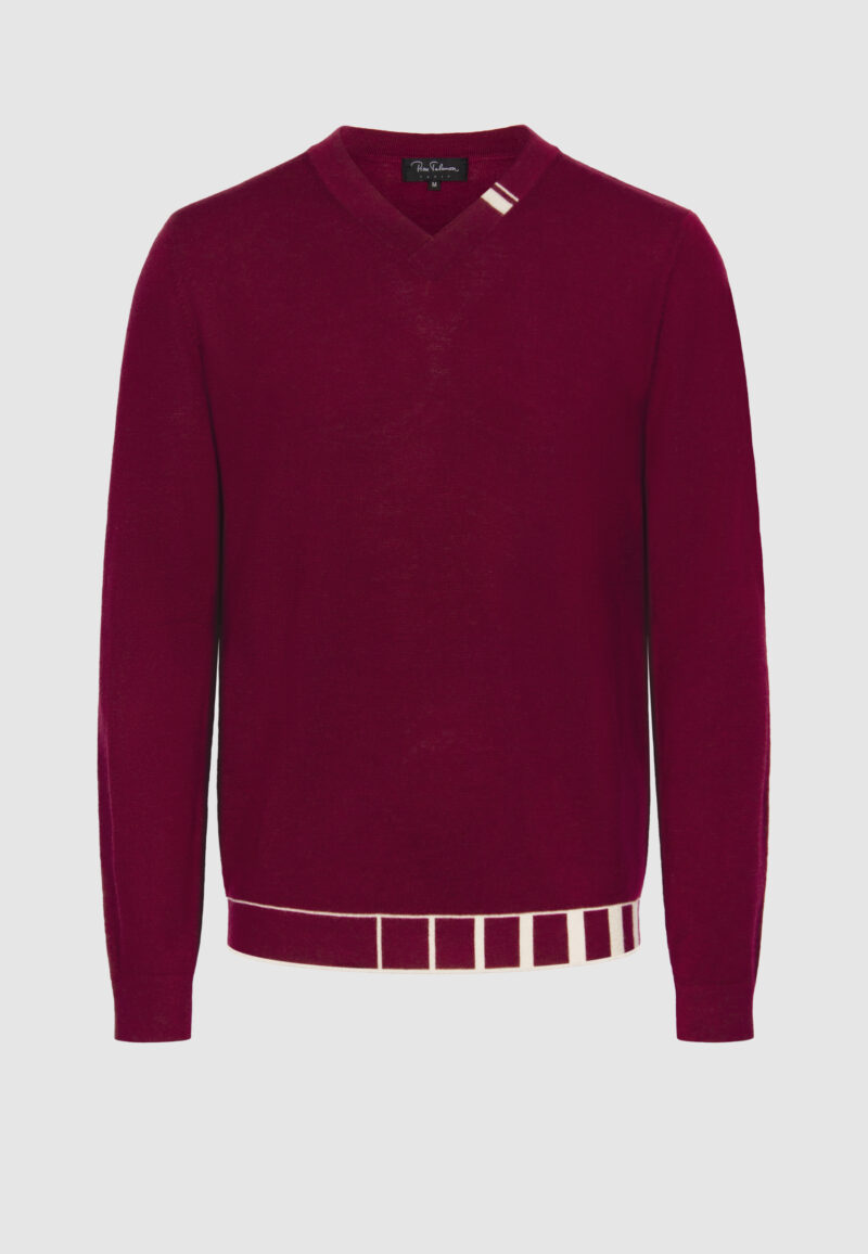 pull jersey laine mérinos bordeaux graphisme blanc
