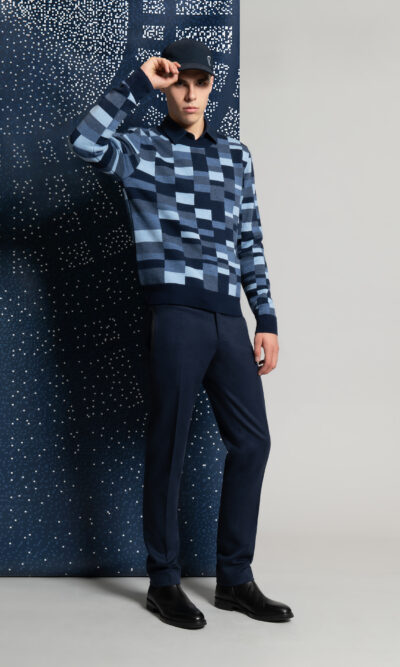 look homme pantalon bleu marine pull jacquard en laine émrinos à carreaux bleus